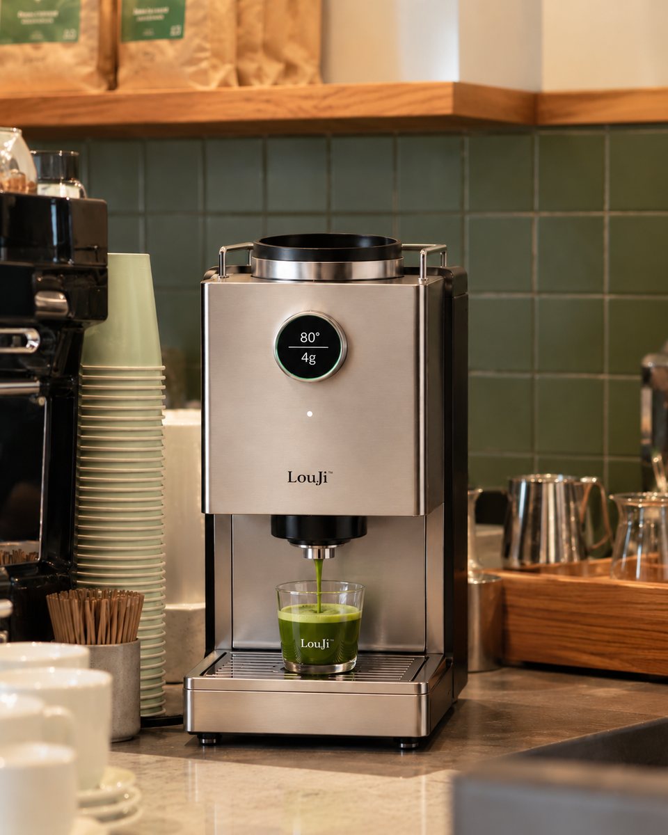 LouJi™ Pro on a café counter, next to the espresso machine